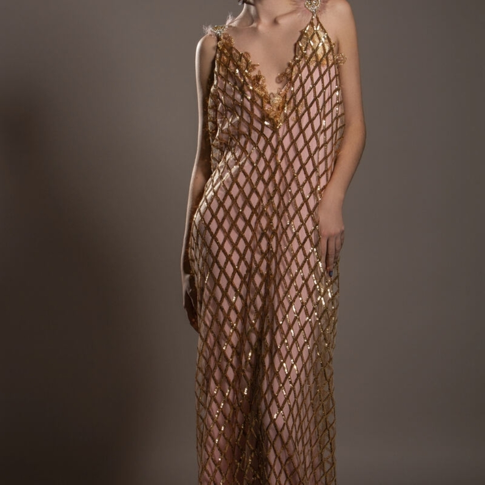 "LADY HELENA" Gold Sequin Diamond Pattern Tulle Lace Gatsby Wedding Gown - Picture 10 of 12